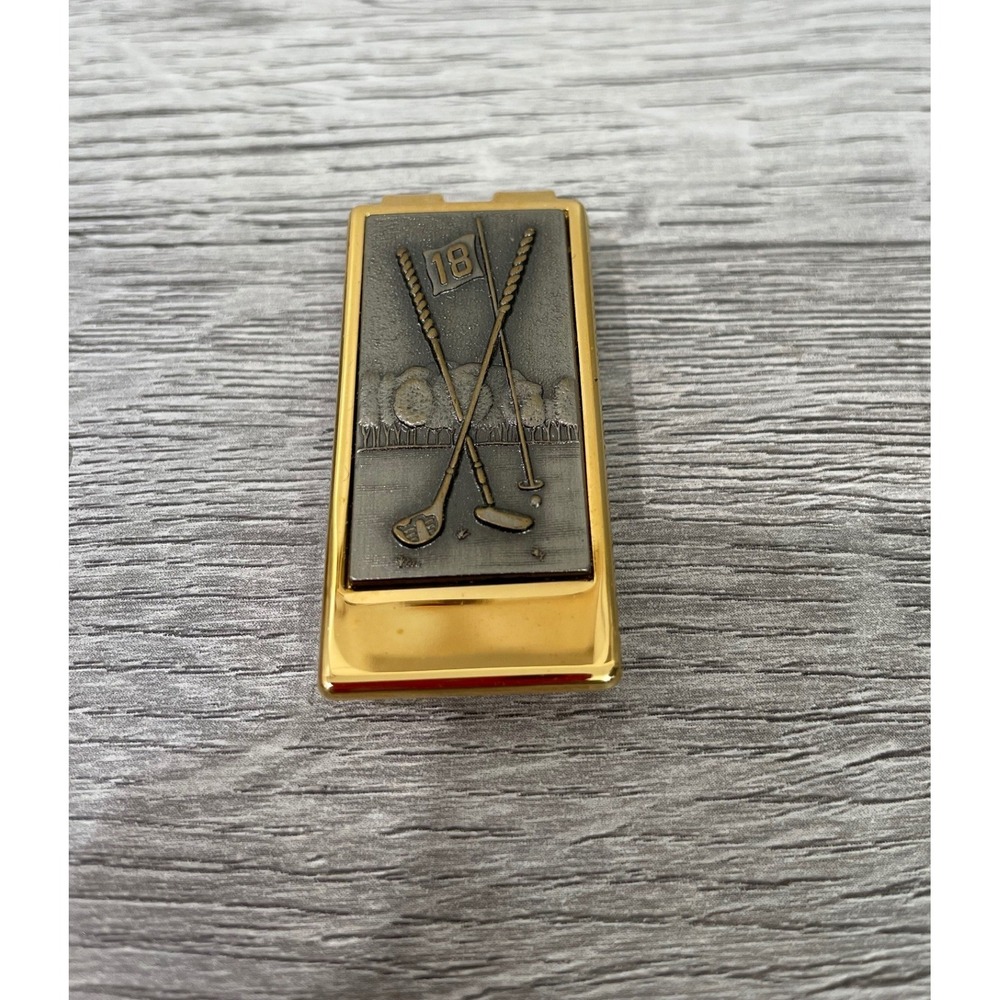 Vintage Anson Golf Money Clip Gold Tone Pewter‎ Relief 18th Hole Crossed Clubs